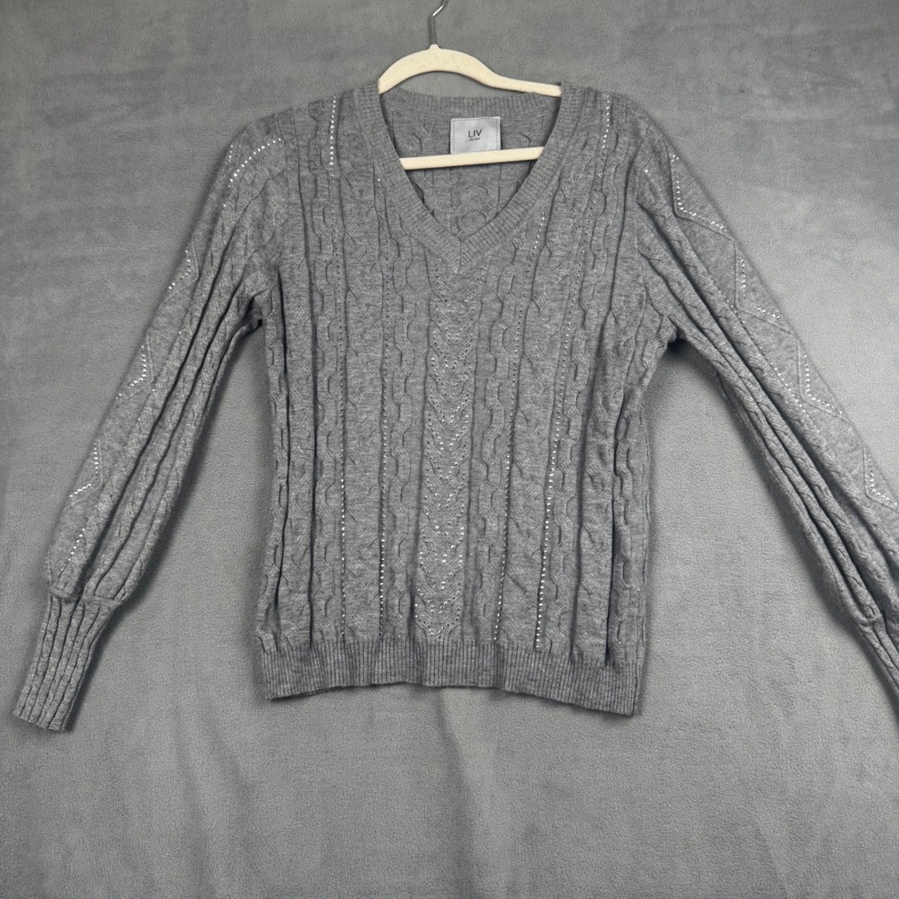 LIV Milano Gray Cable Knit Rhinestone V-Neck Puff Sleeve Sweater RN 163742